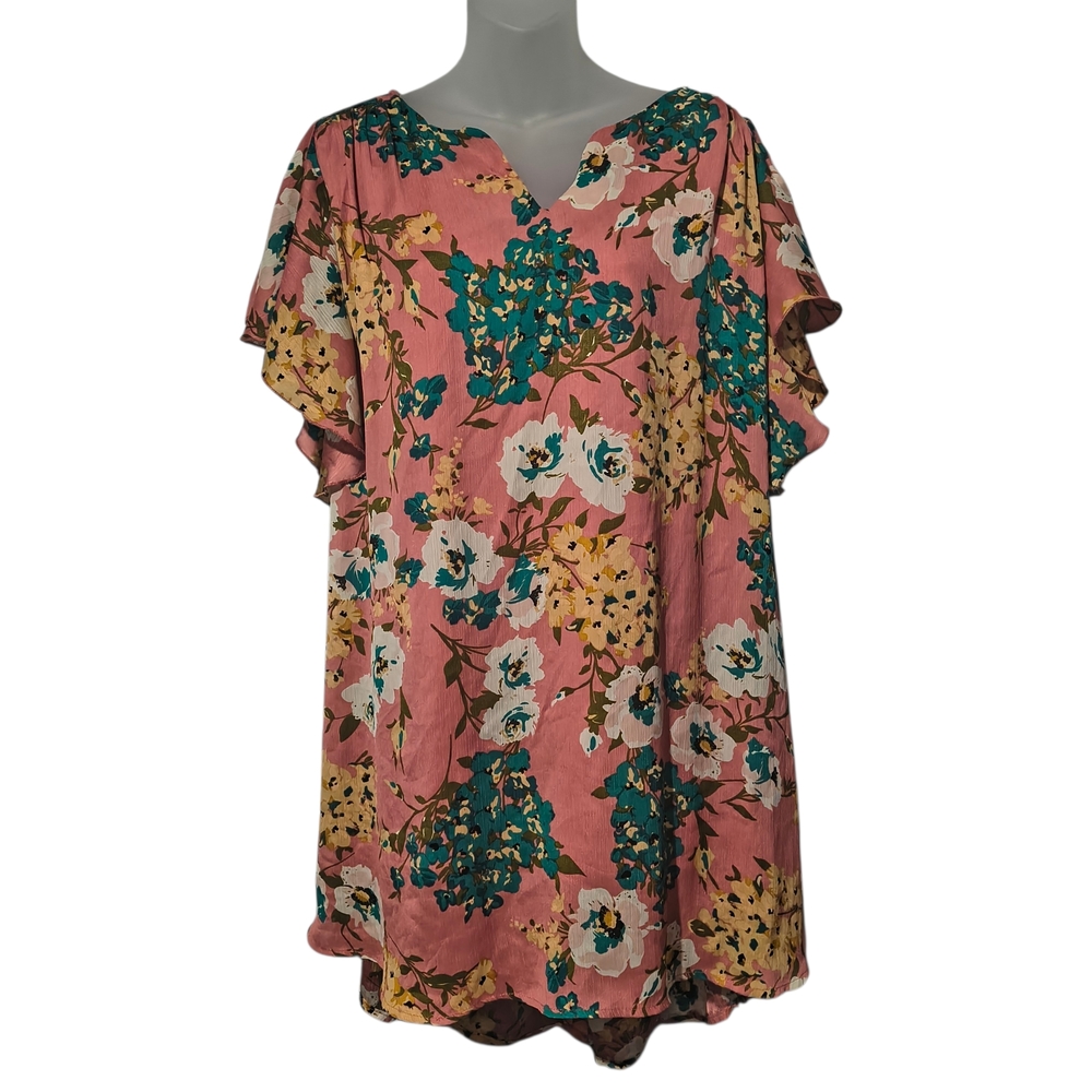 Umgee USA Oversized Medium Pink Floral Dress Ruffle Sleeve Boho Lined